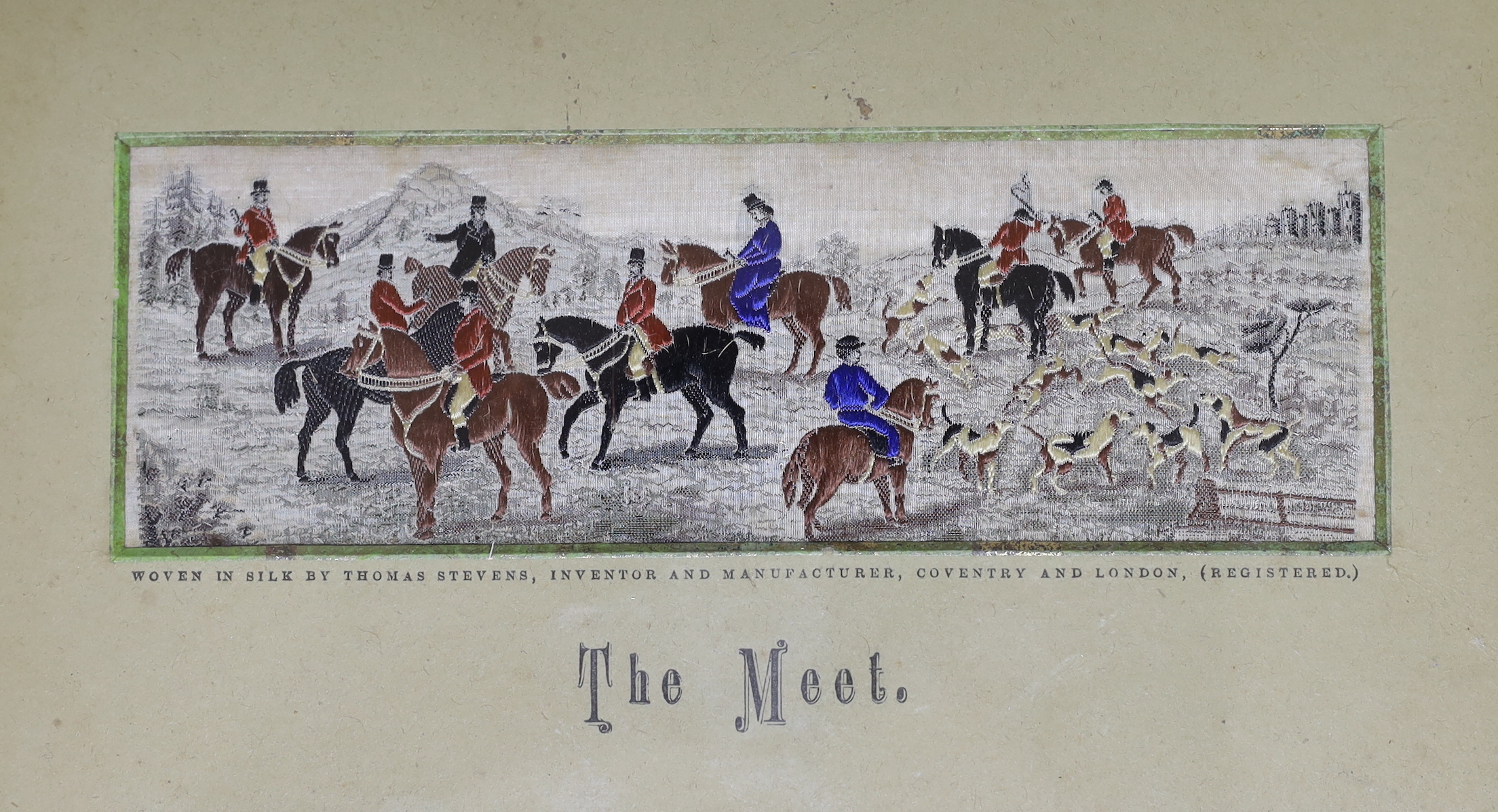 A group of four framed Victorian stevengraphs including The Meet and Good Old Days, each overall 22.5cm x 15.5cm